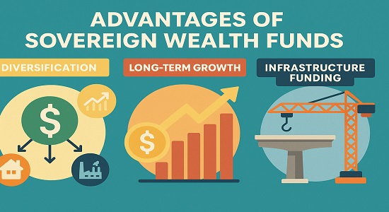 Infographic showing advantages of sovereign wealth funds such as diversification, long-term growth, and infrastructure funding.