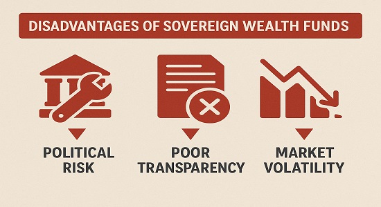 Infographic showing disadvantages of sovereign wealth funds including political risk, poor transparency, and market volatility.