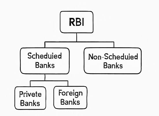 Structure of Indian banking system with RBI, scheduled and non-scheduled banks