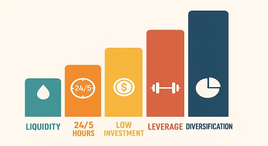 Benefits of forex trading in India – liquidity, 24/5 hours, low investment, leverage, diversification.