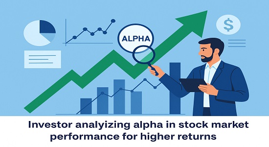 Investor analyzing alpha in stock market performance for higher returns