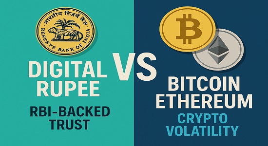 Difference between Digital e Rupee by RBI and cryptocurrency.