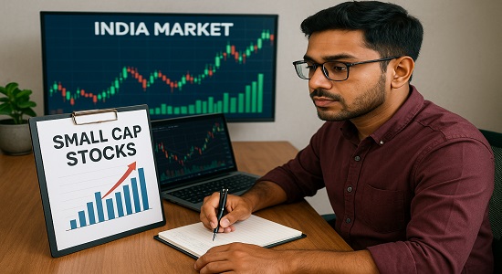 Investor analyzing small cap stocks in India for long-term growth.