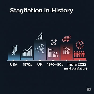 Timeline showing historical stagflation events in US, UK, India