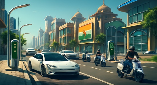India’s EV future with electric cars, scooters, and charging infrastructure – representing the long-term promise of the Nifty EV Index