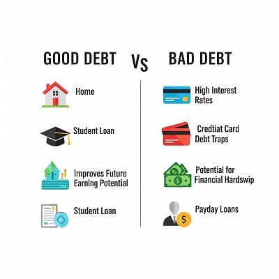 Infographic comparing good debt vs bad debt for financial planning