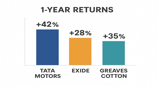 Performance snapshot of key Nifty EV Index stocks – Tata Motors, Exide Industries, Greaves Cotton (2023–24)