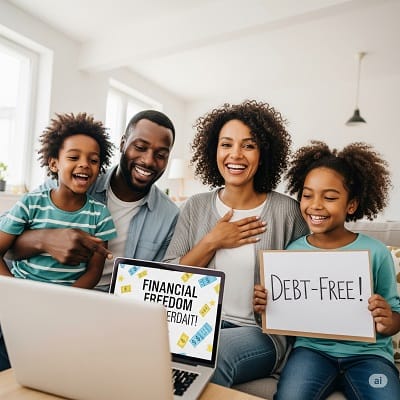 Person celebrating financial freedom from debt.