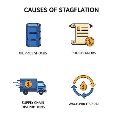 Key causes of stagflation infographic with economic icons