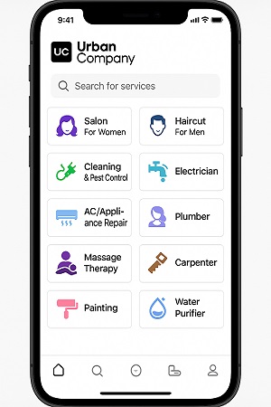 Urban Company mobile app interface showing booking options