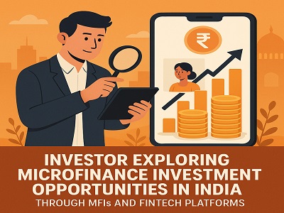 Investor exploring microfinance investment opportunities in India through MFIs and fintech platforms.