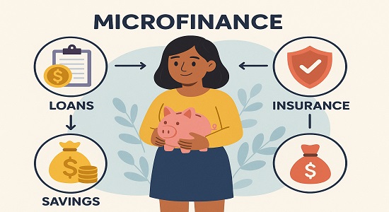 Illustration showing microfinance concept with loans, savings, and insurance.