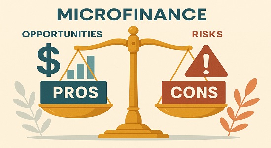 Visual representation of microfinance pros and cons balancing risks and opportunities.