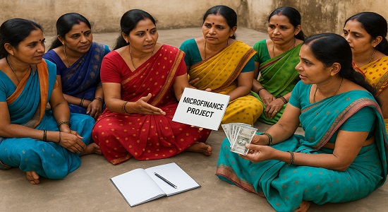 Self-help group women discussing a microfinance project in India.